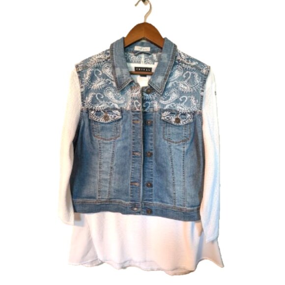Y2K NWT TRIBAL JEANS Denim Jean Vest Jacket with White Embroidery Size XL - Picture 7 of 8